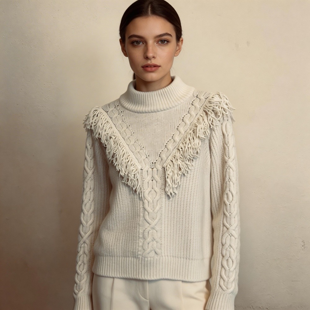 Tuckernuck Cream Fringe Caswell Sweater Size L Wool Blend Knit